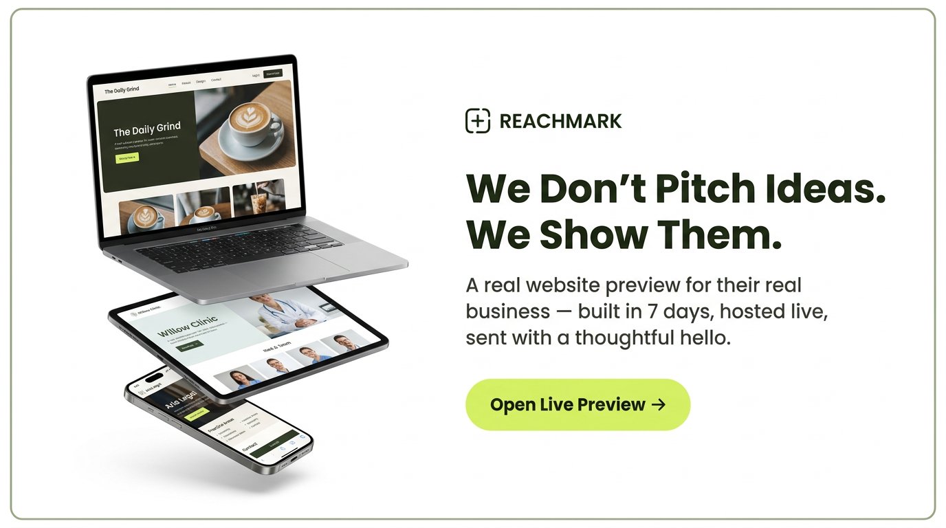 Reachmark banner 2 — We Don't Pitch Ideas. We Show Them — 3D laptop/tablet/phone mockups