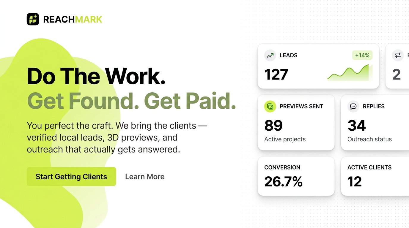 Reachmark banner 3 — Do The Work. Get Found. Get Paid. — metrics dashboard preview