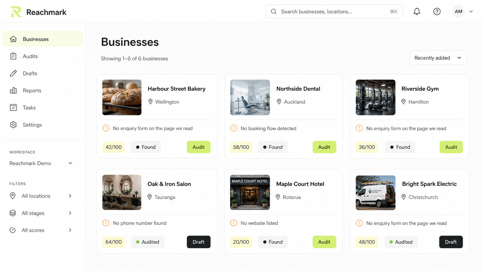 Businesses you saved, with the leak on each card