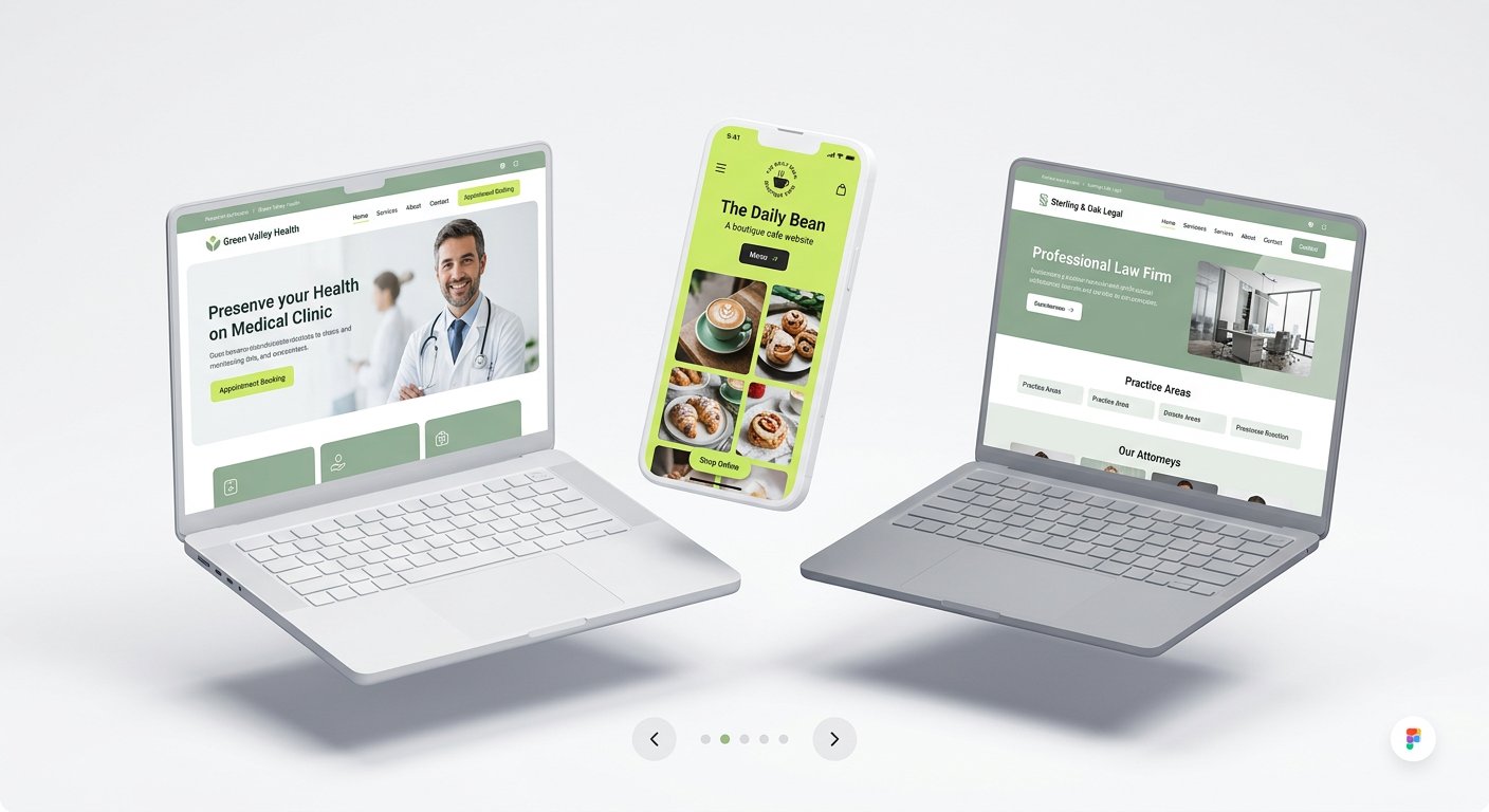 Three premium 3D website mockups floating in space — clinic, law and boutique
